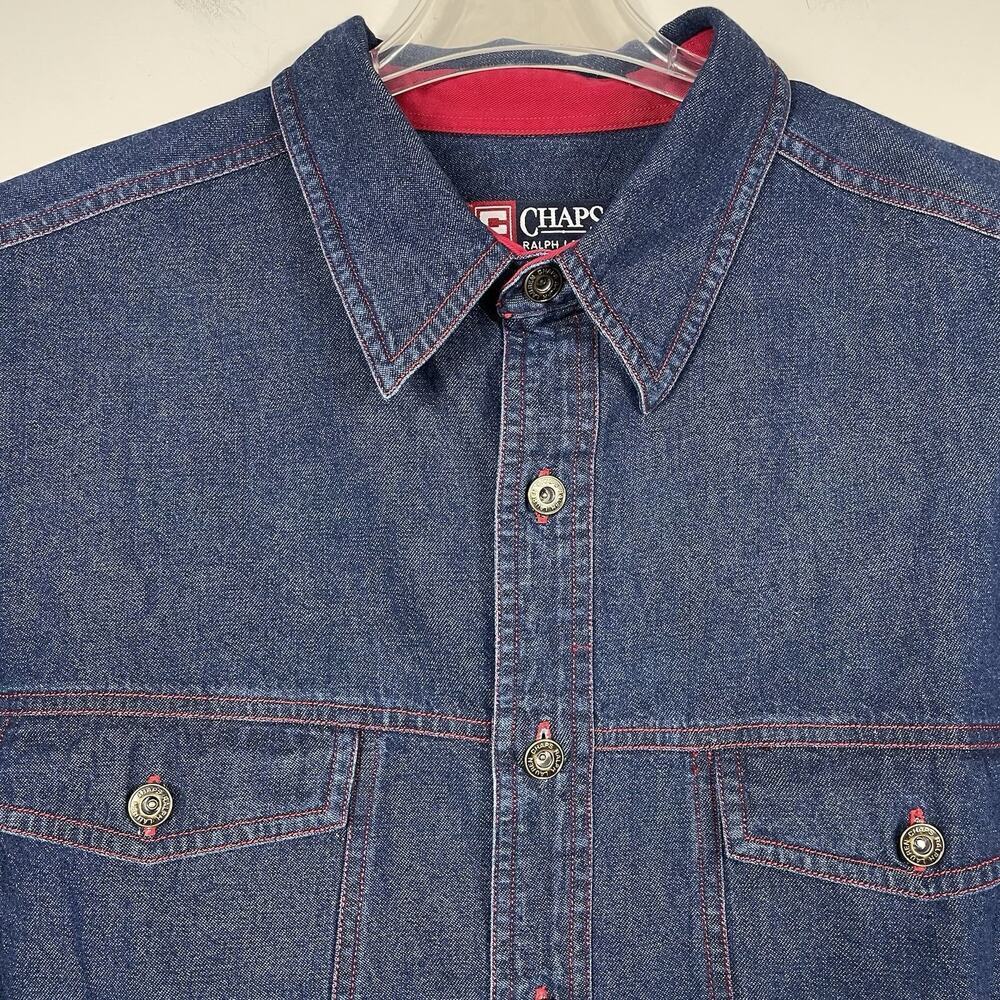 Vintage Ralph Lauren Chaps Denim Shirt Mens XL Y2K Red Stitching Sleeve Spellout - Picture 5 of 13